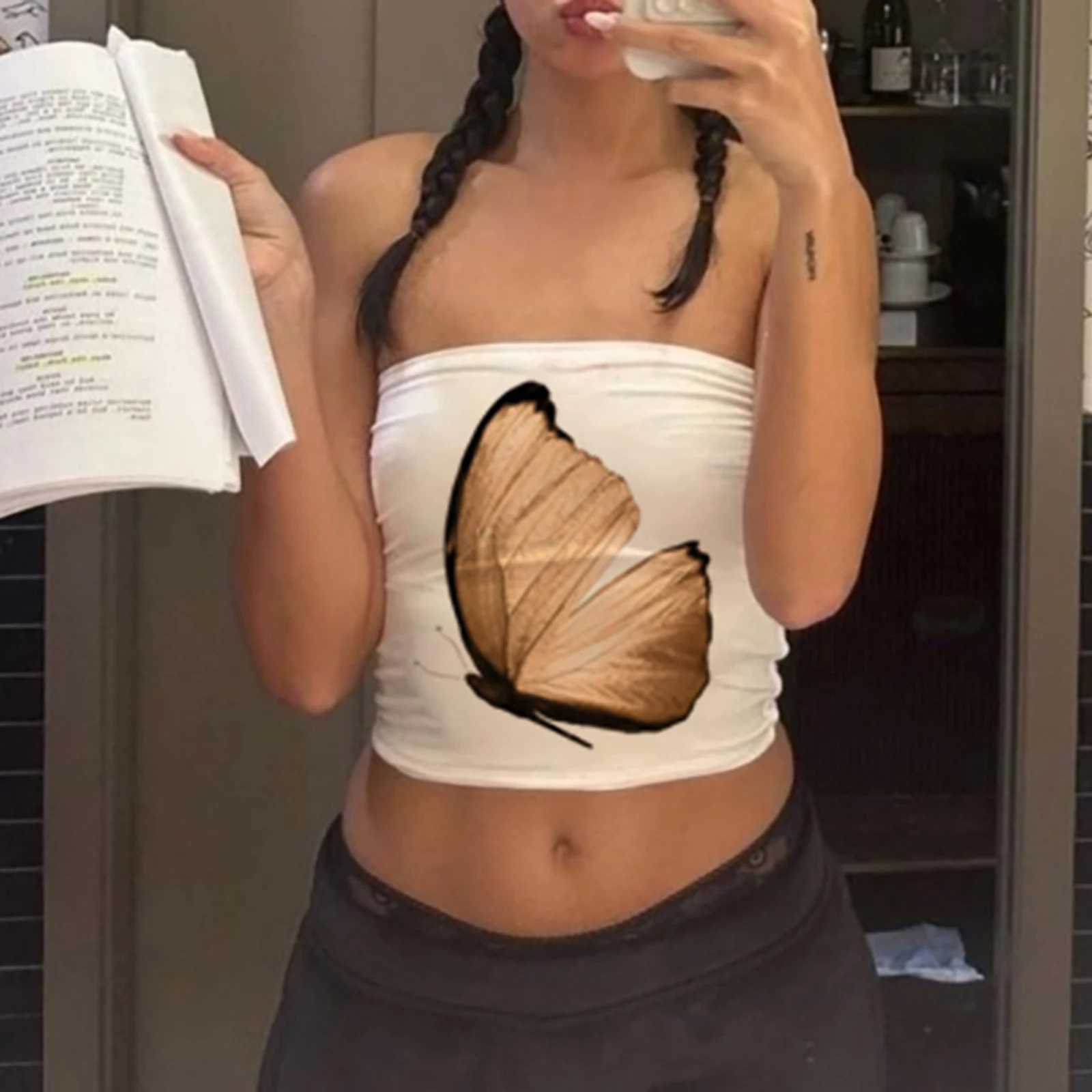 Womens Bandeau vest floral tube top strapless slim fit shirt streetwear fashionable strapless vest summer jacketXJ250508