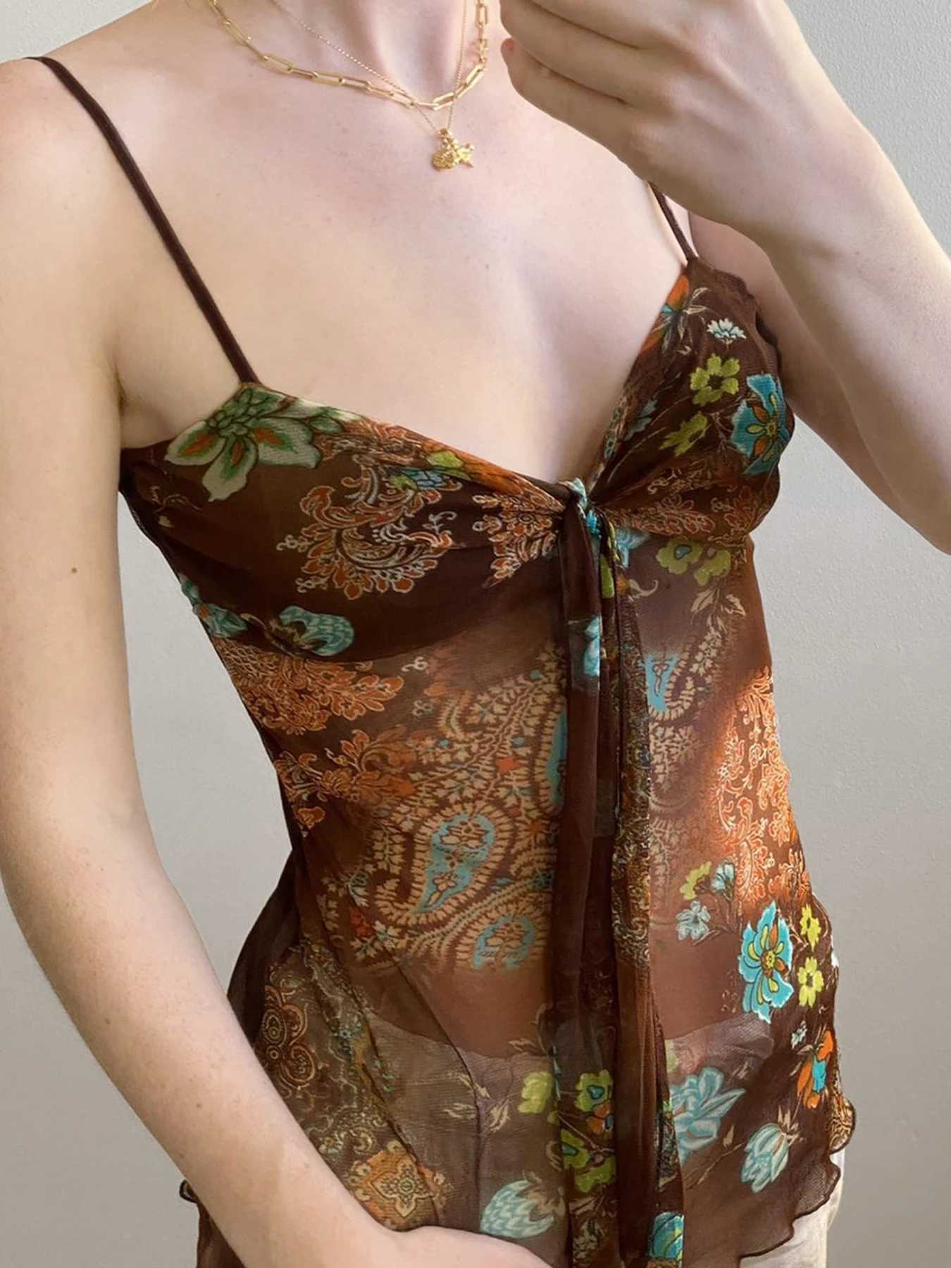Fashionable retro printed independent folk style womens V-neck vest top sleeveless summer trend topXJ250508