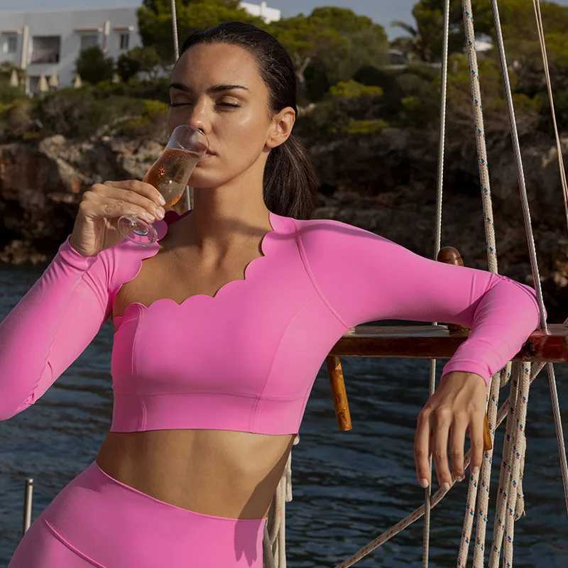 FUBEIKE Oblique Shoulder Tops Womens Sports Tights Yoga Clothes Breathable With Chest Pad Long Sleeve Fitness Leggings Workout Z250509