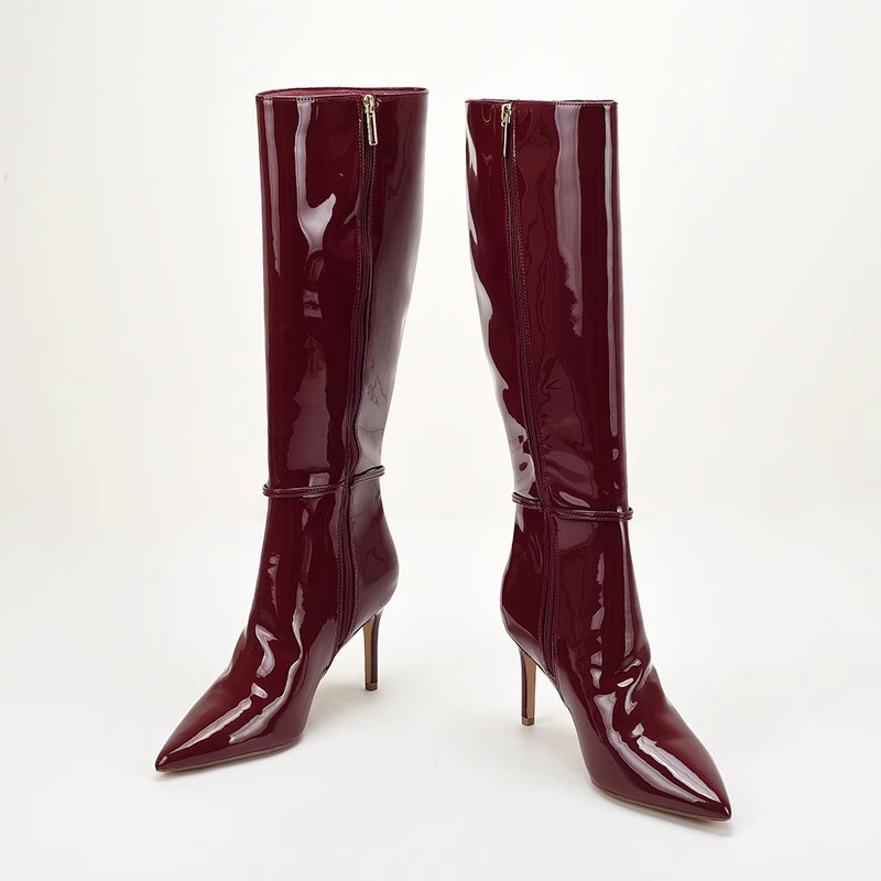Burgundy Patent Leather Long Boots Luxury Buckle Decoration Pointy Toe Thin Heels Sexy Shoes Winter Womens Knee High Boots Z250303