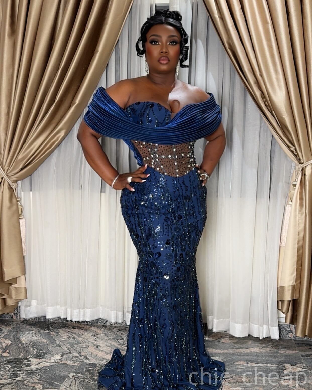 Navy Blue Mermaid Plus Size Prom Dresses 2025 Sequined Crystals Sparkly Evening Formal Party Second Birthday Engagement Gowns Dress For Special Occasi