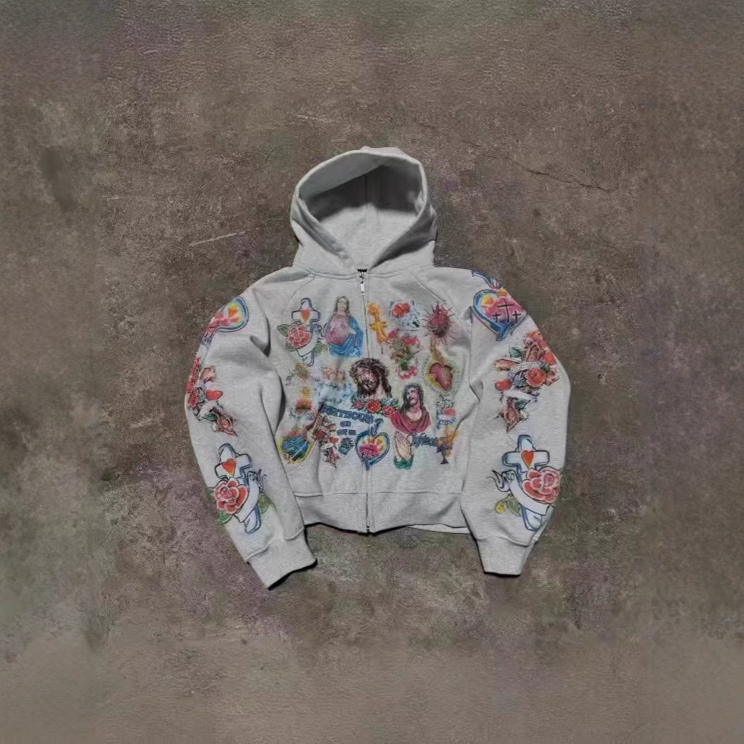 Punk Style Mens Zipper Hooded Sweatshirt Multi Pattern Gothic Waffle Outerwear Street Fashion Loose Large Size Hooded Sweatshirt 250226