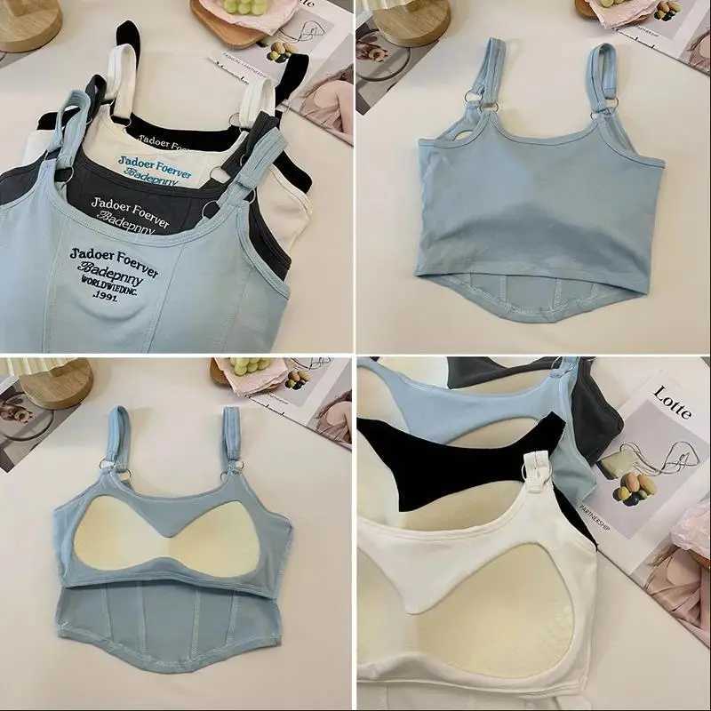 1pc Letter Print Cotton Women Small Breast Bras Hot Girls Wear Casual Slim Underwear Padded Camisole TopXJ250508