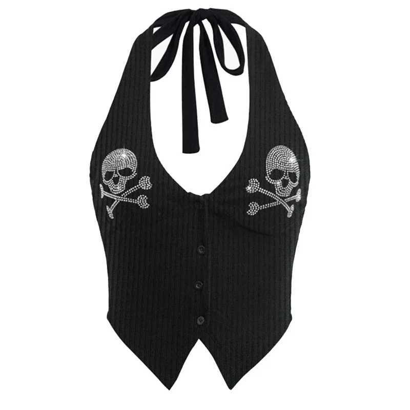 Gothic Emo Girl Camisol Top Aesthetic Skull Rhinestone Printed Folded Crop Top Y2k Retro Punk Womens Tight corset Tank TopXJ250508