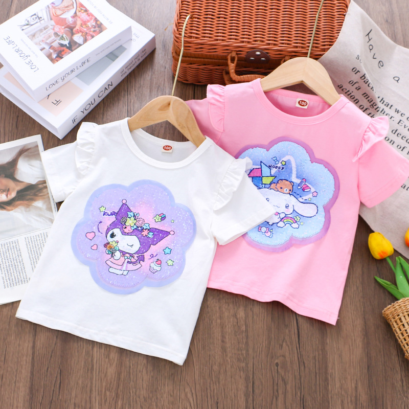 DISNEY Frozen Princess Elsa kids designer clothes Girl summer short-sleeved T-shirt double-sided color-changing sequins children thin cotton top.