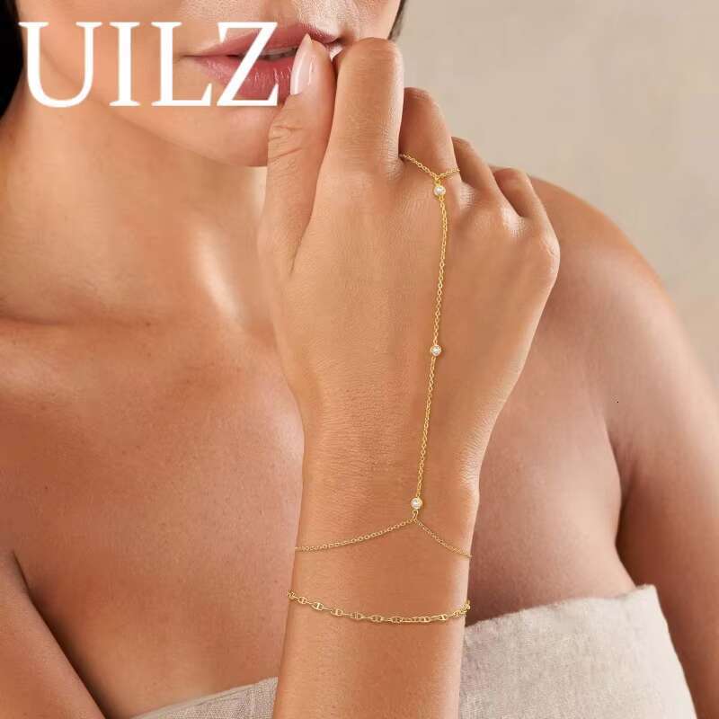 DHCollections Fashion Pearl Zircon Chain Bracelet with Finger Ring Adjustable 17.5cm Slave Hand Jewellery for Women