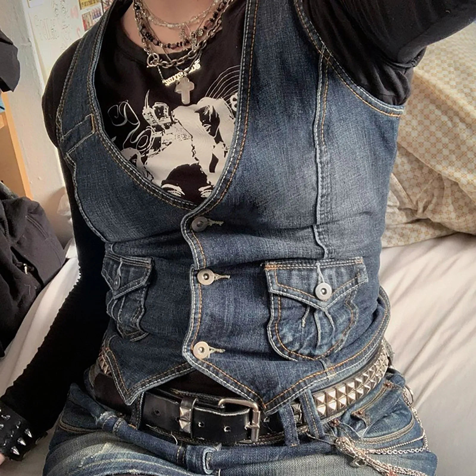 Retro womens denim jacket vest Korean fashion sleeveless short sleeved waist streetwear shoulder chic top 250430Z