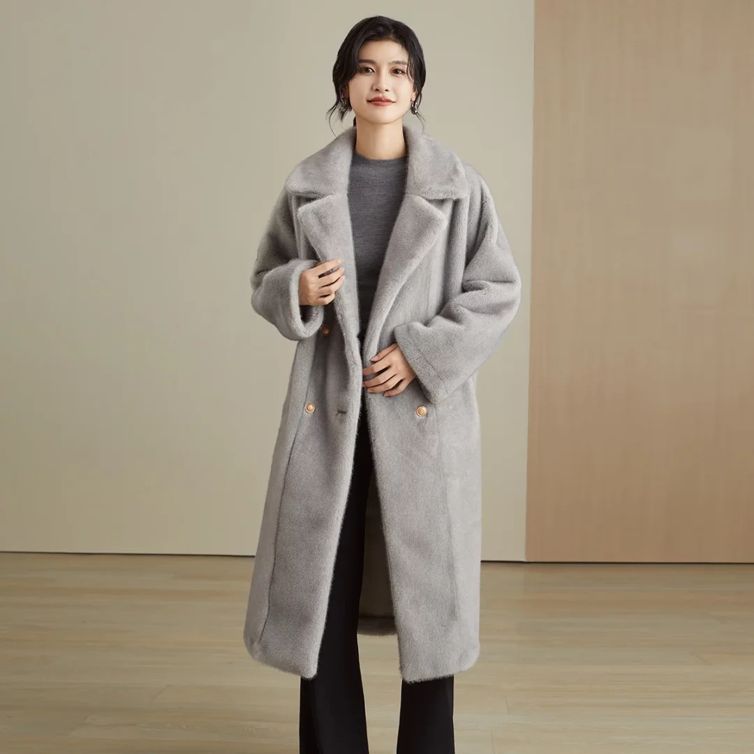 Trendy Ladies' Long Jacket with Soft Synthetic Pelt Fabric for Cold Weather Protection