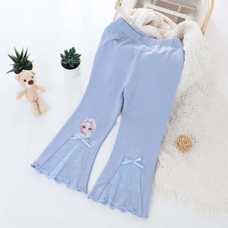 Disney's Frozen Elsa Princess Children's Designer Clothing Autumn Spring Pants Children's Leggings Bell Bottom Pants Princess Cartoon P