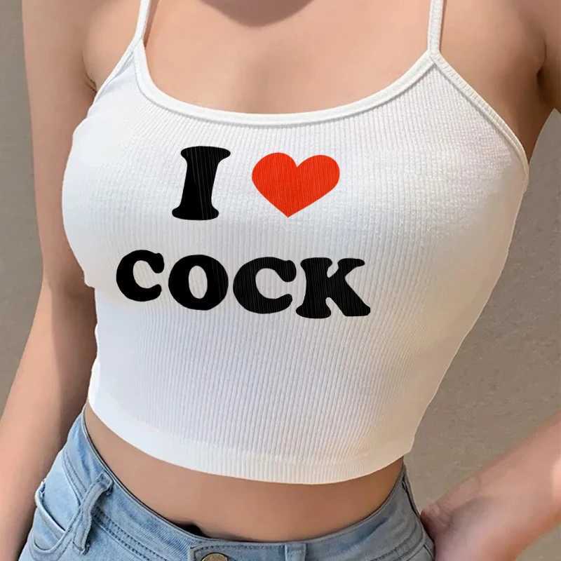 Sexy I Love Cock Letter Print Graphic Y2k Sleeveless Crop Top Street Clothing Summer Fitness Sports Tank Top White Korean Tank TopXJ250508