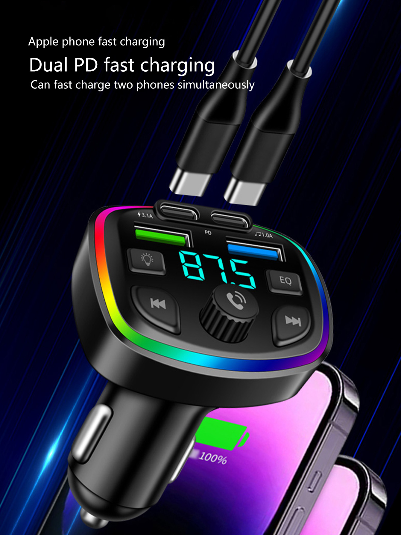 Car Bluetooth MP3 Player, Hands-free Calling with Voice Announcement, PD Fast Charging USB Flash Drive