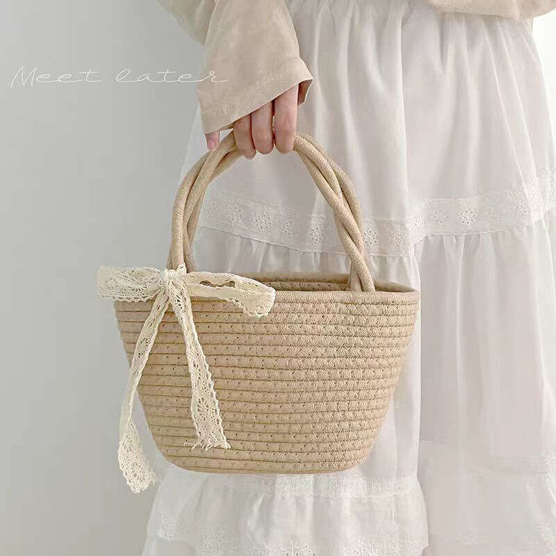 Beach Bag New Cotton Thread Woven Countryside Style Hand Held Tote Women S Fashionable Versatile Vacation Beach Bag Storage Bag KQ