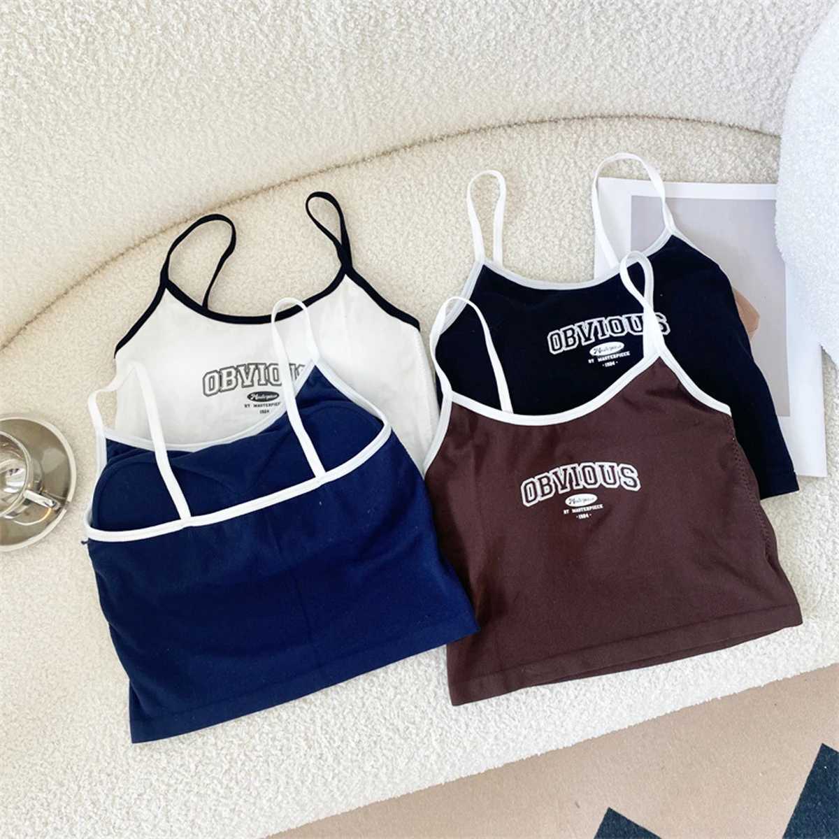 Womens apron bra crop top O-neck solid crop top 2024 summer letter printing top spaghetti vestXJ250508