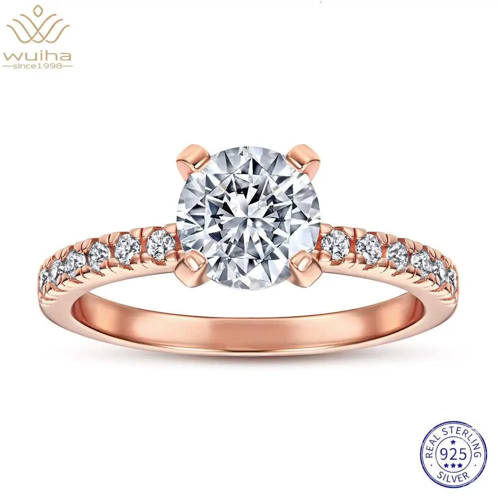 WUIHA Real 925 Sterling Silver Rose Gold Round 7MM VVS1 White Sapphire Created Ring for Women Gift Drop 250509