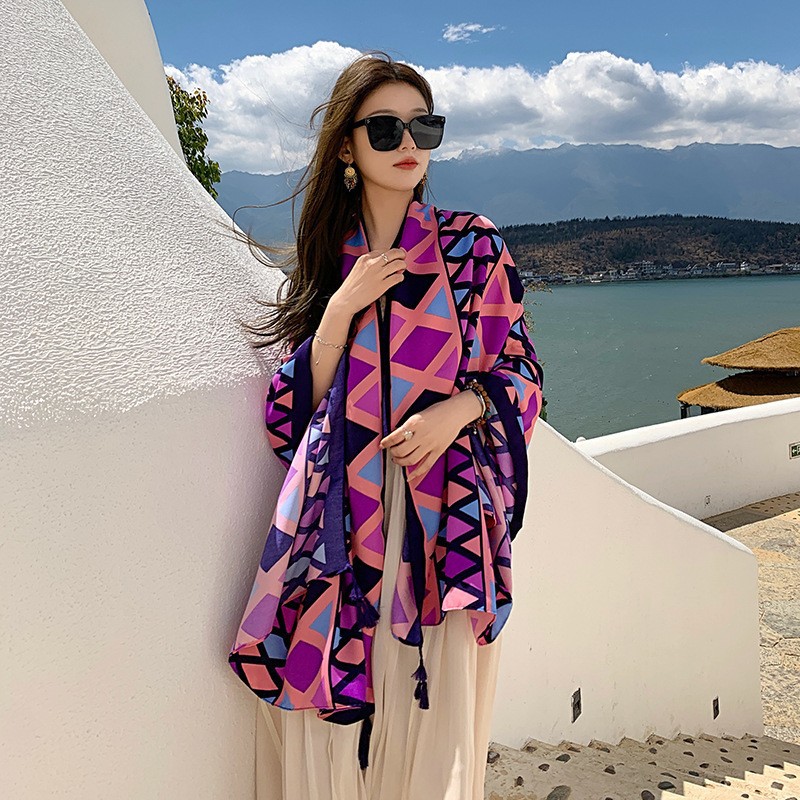 K662 New ethnic style large shawl Yunnan travel sunscreen scarf seaside beach towel cotton linen scarf cloak large gauze scarf