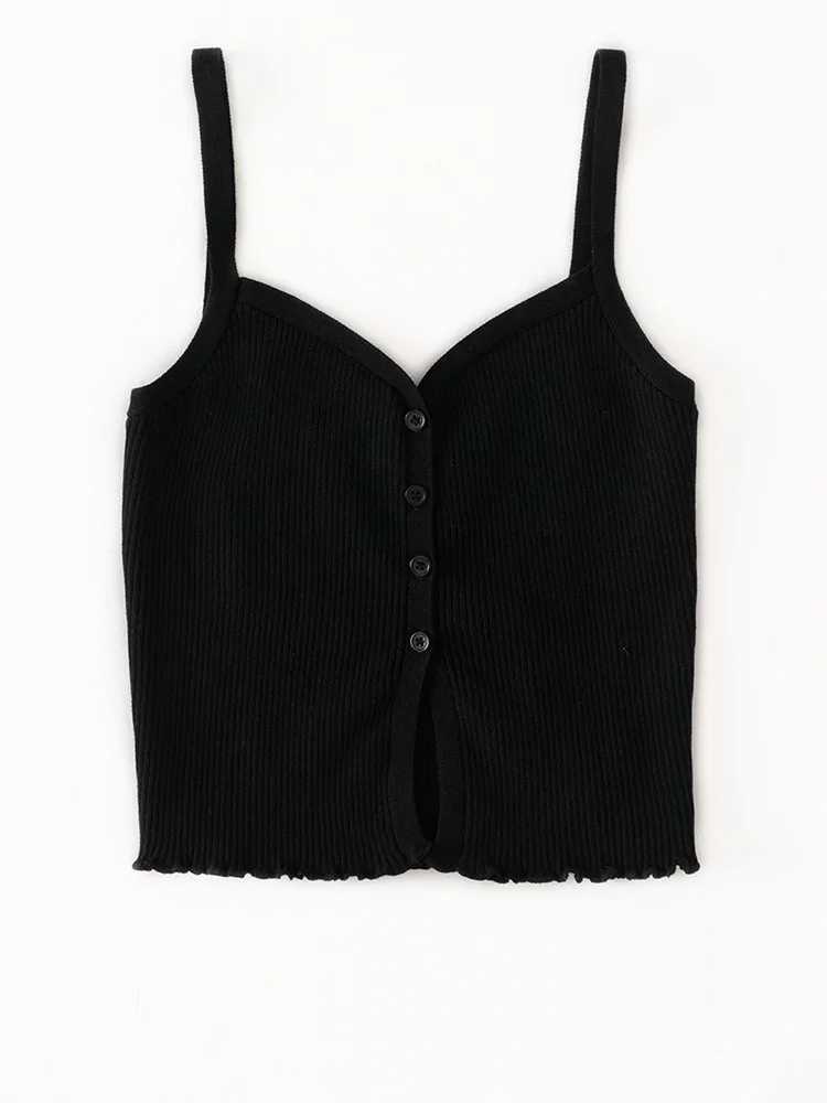 Button Front Cami Tops Lettuce Hem Strappy Ribbed Knit Camisole Women Teengirl Crop Tops 2024 Summer Basic OutfitXJ250508