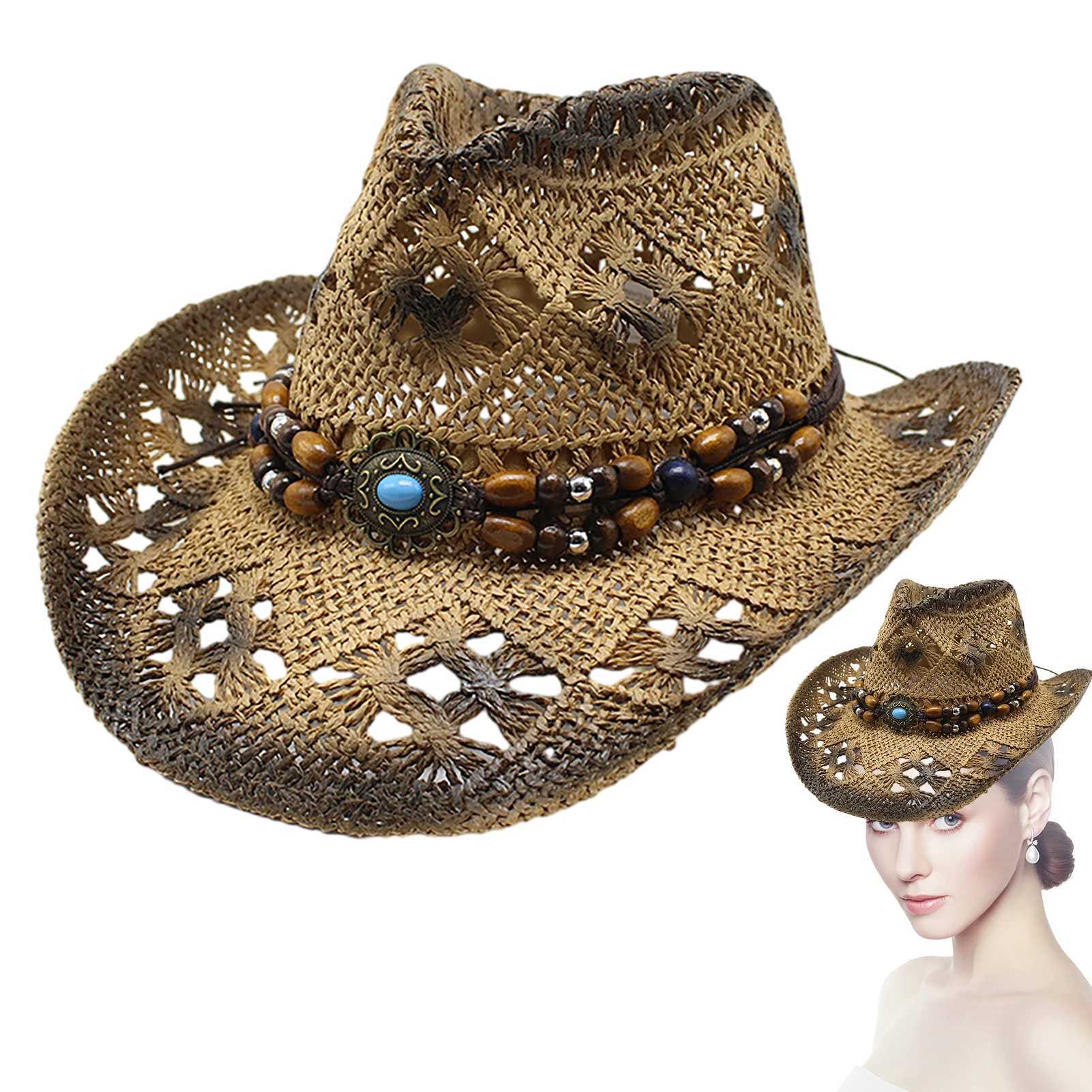 Straw Cowgirl Hat Unisex Beach Hat Cow Boy Hat With Hat Band For Men Women Breathable Lightweight Sun ProtectionXJ250509