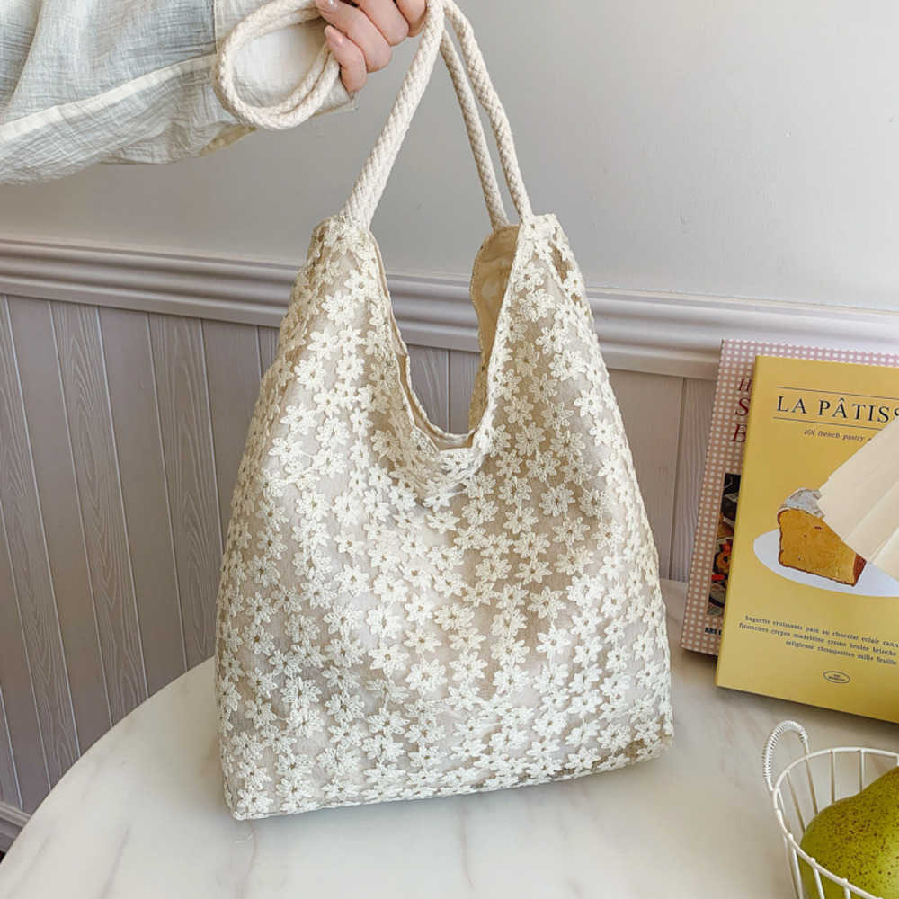2025 New Korean Elegant Flower Shoulder Bag Large Capacity Underarm Bag Summer Fairy Bag Student Canvas Commuter