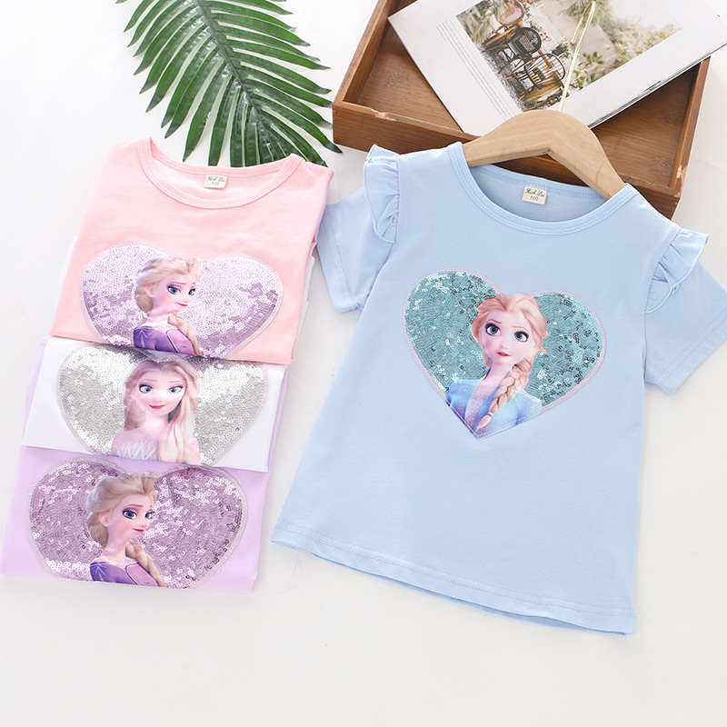 DISNEY Frozen Princess Elsa kids designer clothes Girl summer short-sleeved T-shirt cotton clothes heart sequins pure cotton without label design.