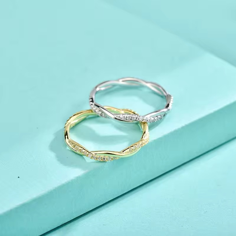 925 Sterling Silver Twisted Rope Ring, Set with Zirconia, Platinum Plating, European and American Style Bestseller Jewelry, Wholesale