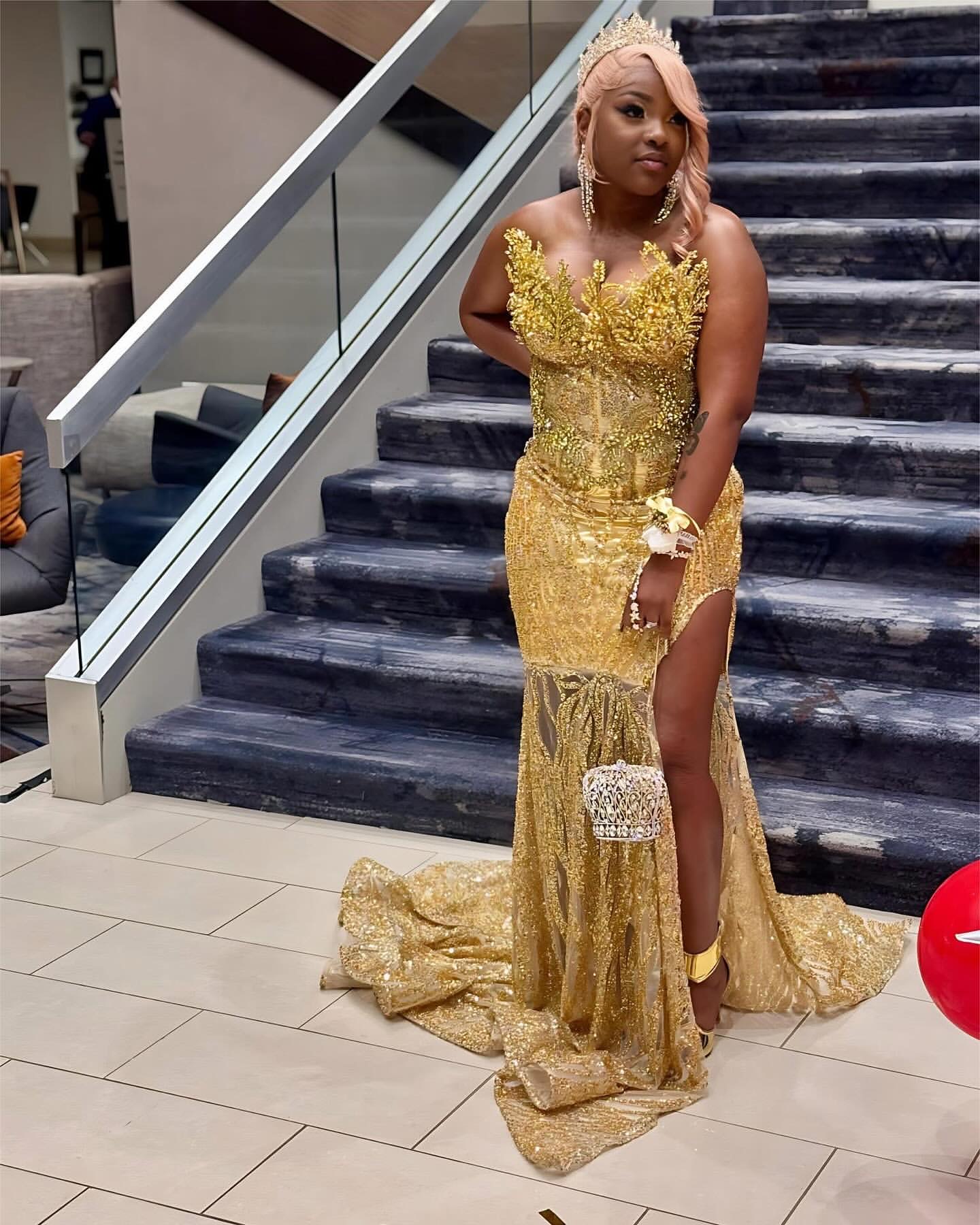 Gold Mermaid Plus Size Prom Dresses 2025 Floral Crystals Sequined Sparkly Evening Formal Party Second Birthday Engagement Gowns Dress For Special Occa