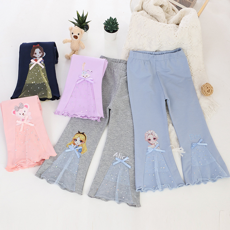 Disney's Frozen Elsa Princess Children's Designer Clothing Autumn Spring Pants Children's Leggings Bell Bottom Pants Princess Cartoon P
