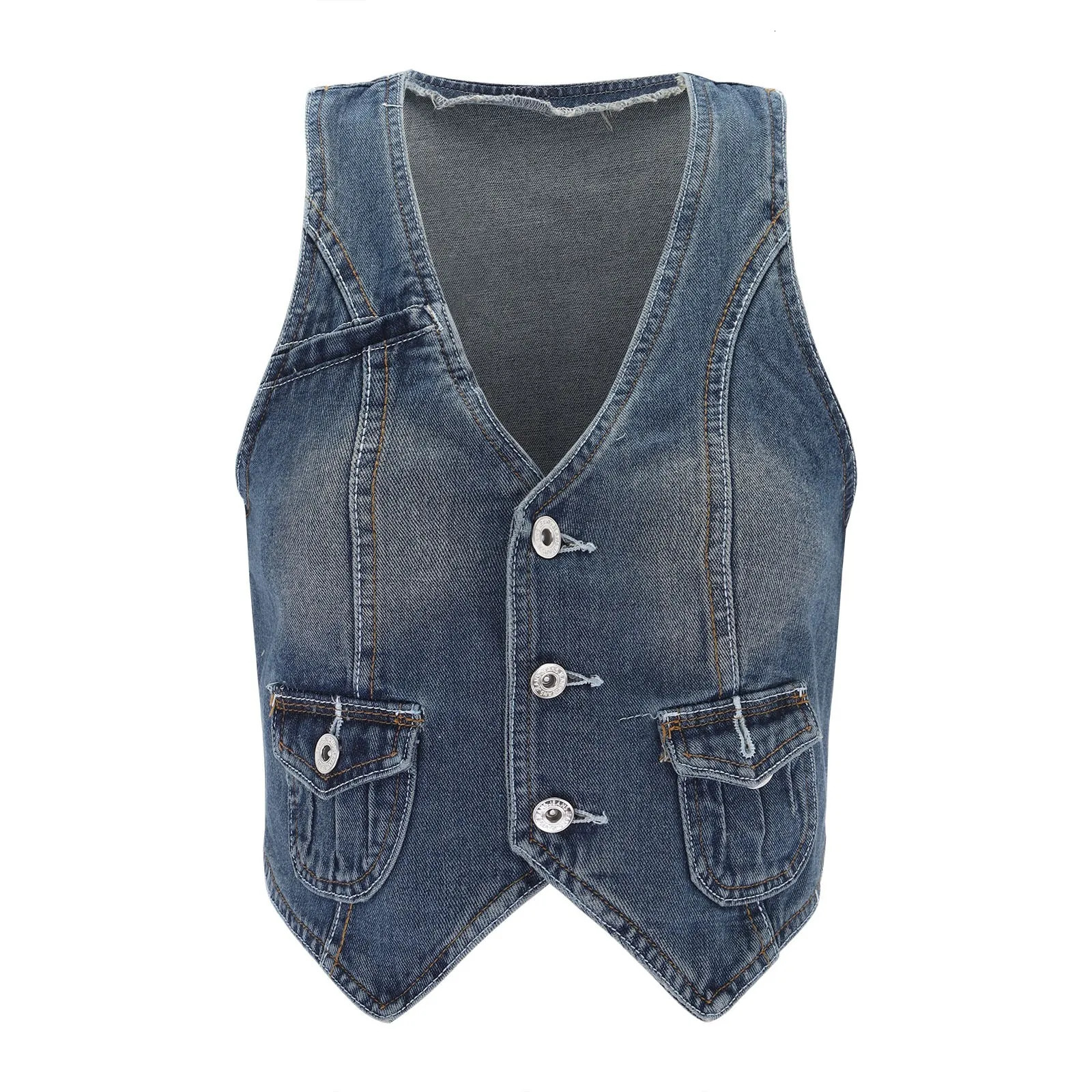 Retro womens denim jacket vest Korean fashion sleeveless short sleeved waist streetwear shoulder chic top 250430Z