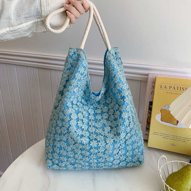 2025 New Korean Elegant Flower Shoulder Bag Large Capacity Underarm Bag Summer Fairy Bag Student Canvas Commuter