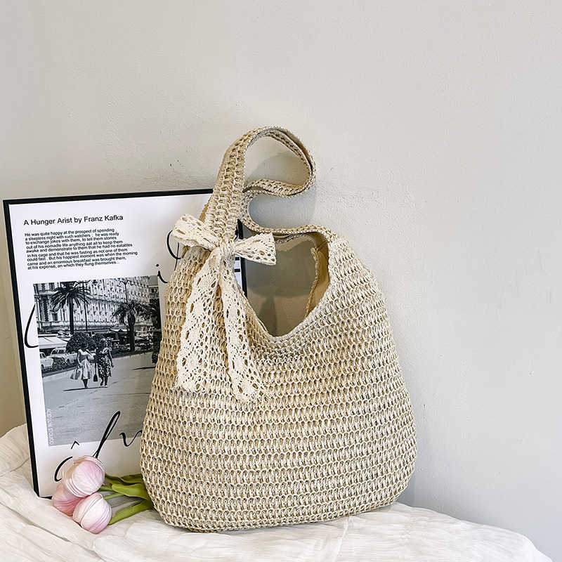 Summer fashion trend beach shoulder bag woven hand-held tote bag woven vegetable basket silk scarf bow women's bag