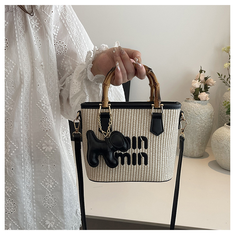 Womens bag 2025 new fashion trend bucket bag grass woven bamboo knot tote bag beach shoulder bag