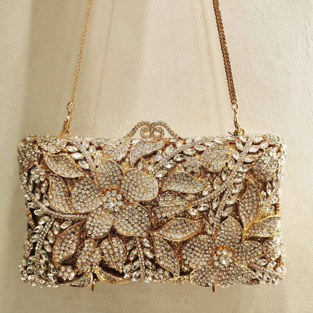 Flower Pattern Sier Gold Woman Dia Evening Bag Dinner Party Crystal Floral Handbag Wedding Bridal Rhinestone New Purse