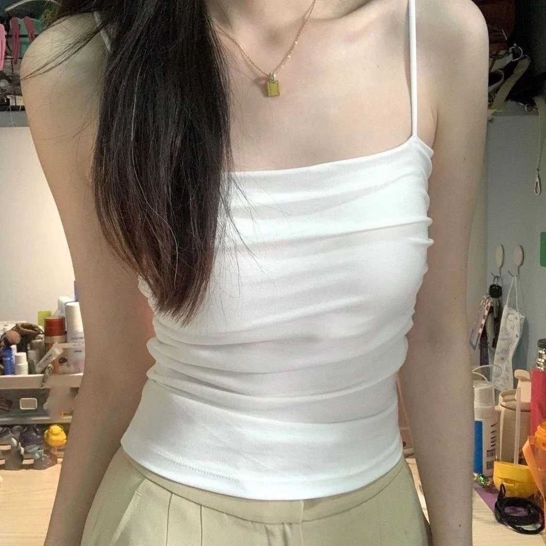 Summer vest womens top built-in bra spaghetti strap vest sleeveless T-shirt cropped top solid color casual topXJ250508