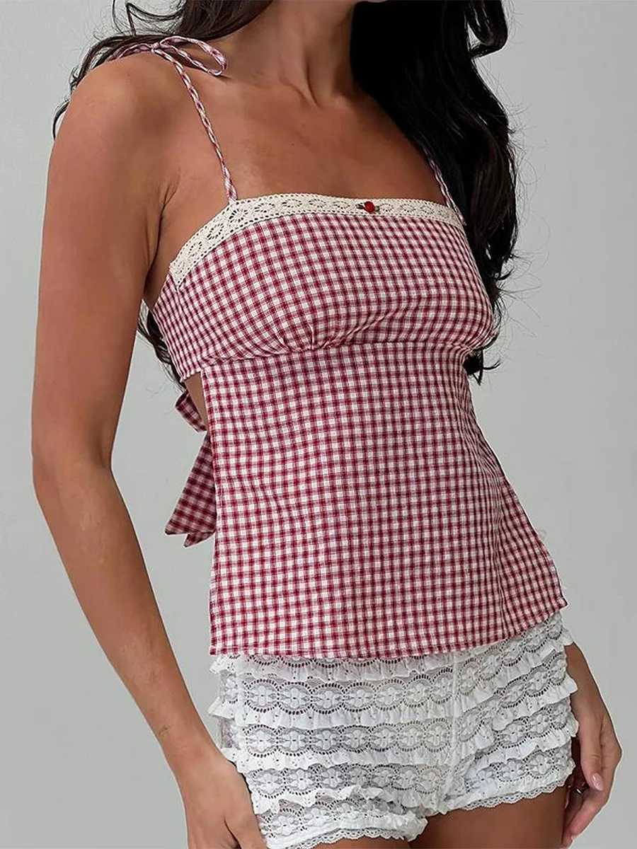 Y2k Plaid Crop Camisole Summer Kawaii Backless Bow Tie Straps Tank Tops For Women Sleeveless Casual T-Shirt StreetwearXJ250508