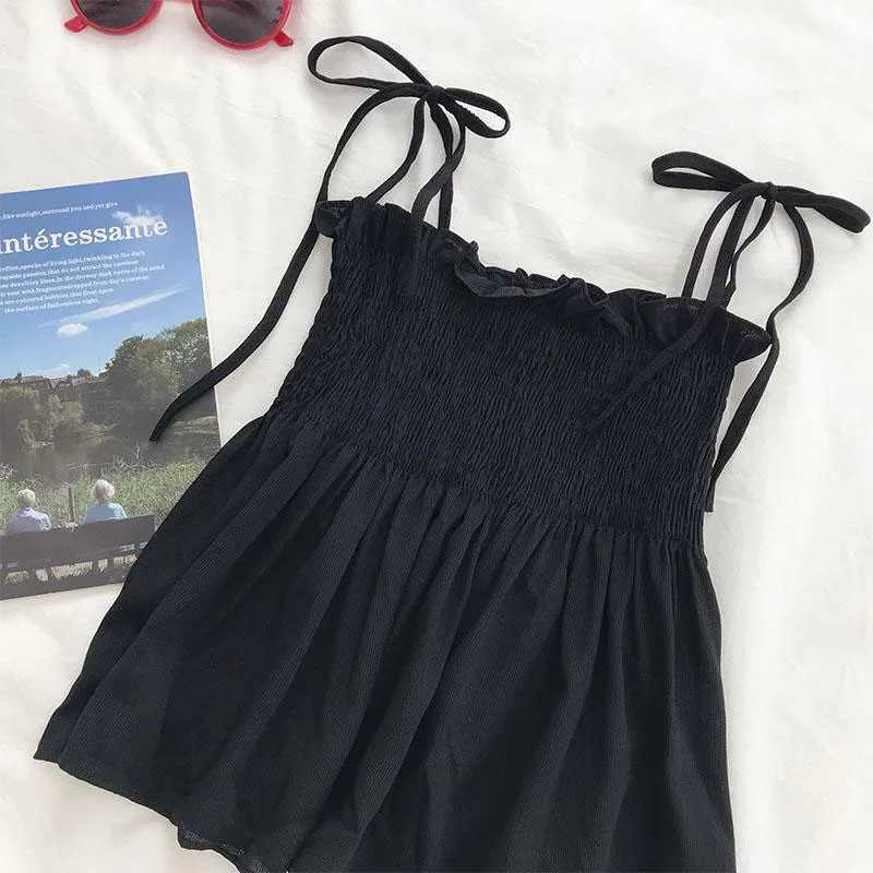 Xpqbb Black White Bow Bandage Tank Top Women Summer Folds Backless Camisole Female Sweet Cute Ruffles Sleeveless Cropped VestXJ250508