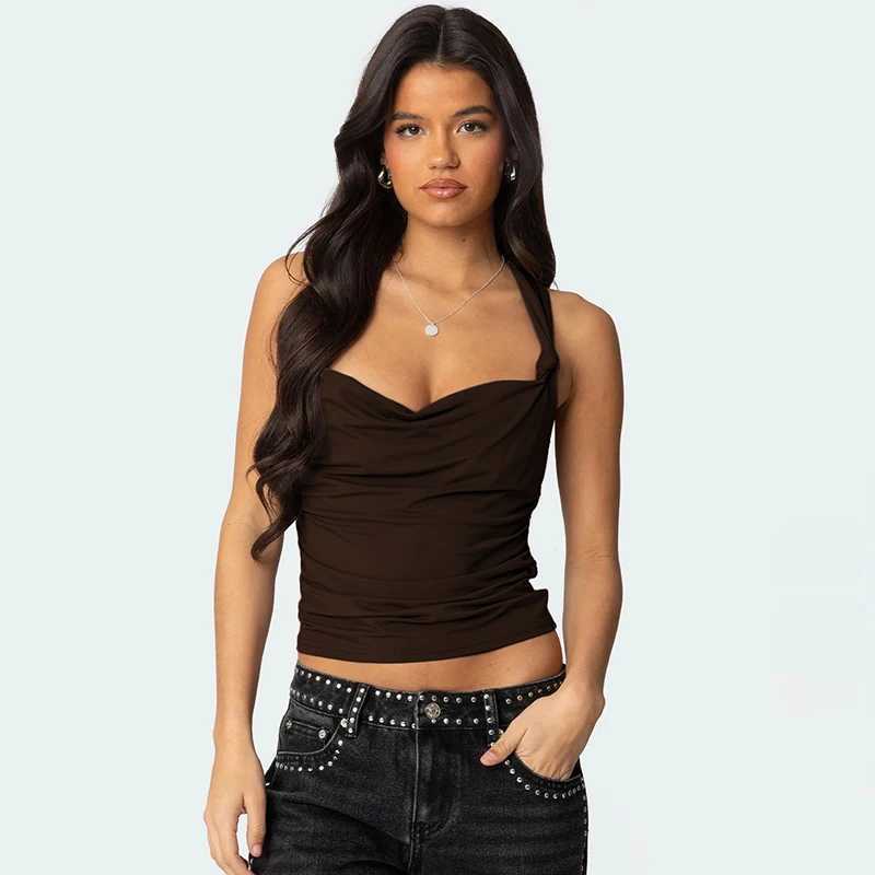 CUTENOVA Solid Color Hottie Girls Low Cut Tank Top Pleated Cross Backless Hollow Out Short Camisole Tank Top Womens Summer NewXJ250508