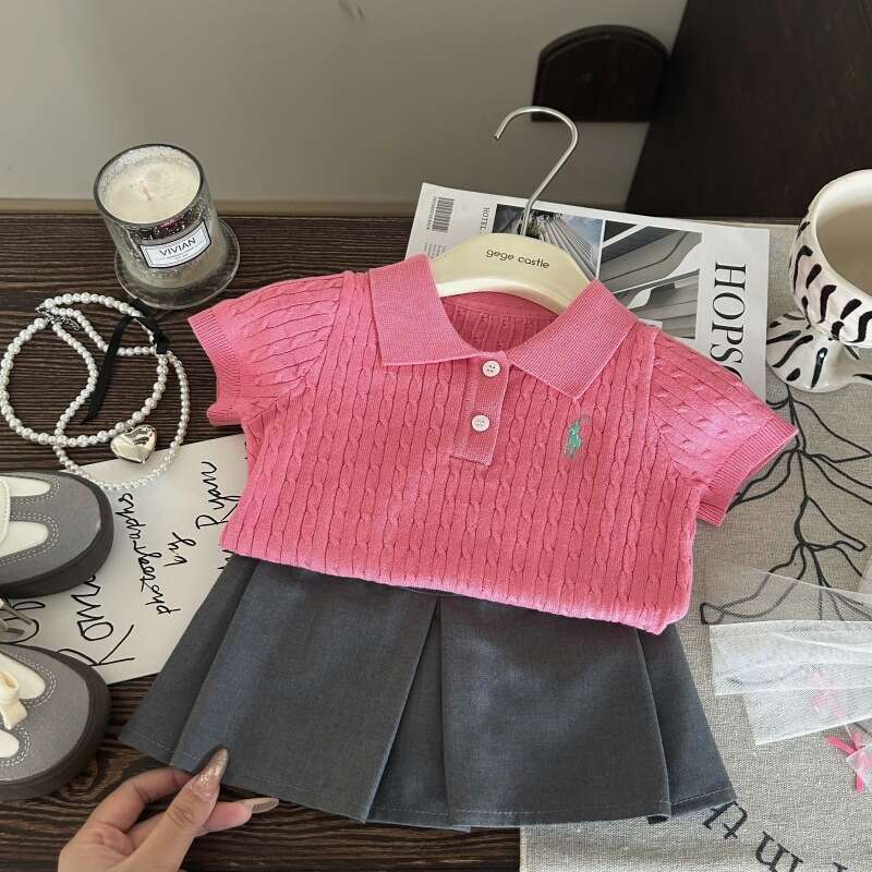 Korean Clothing 2025 New Summer Girls' Polo Shirt Twisted Flower Short Sleeved Children's Versatile Gray Skirt Pants Two-Piece Set