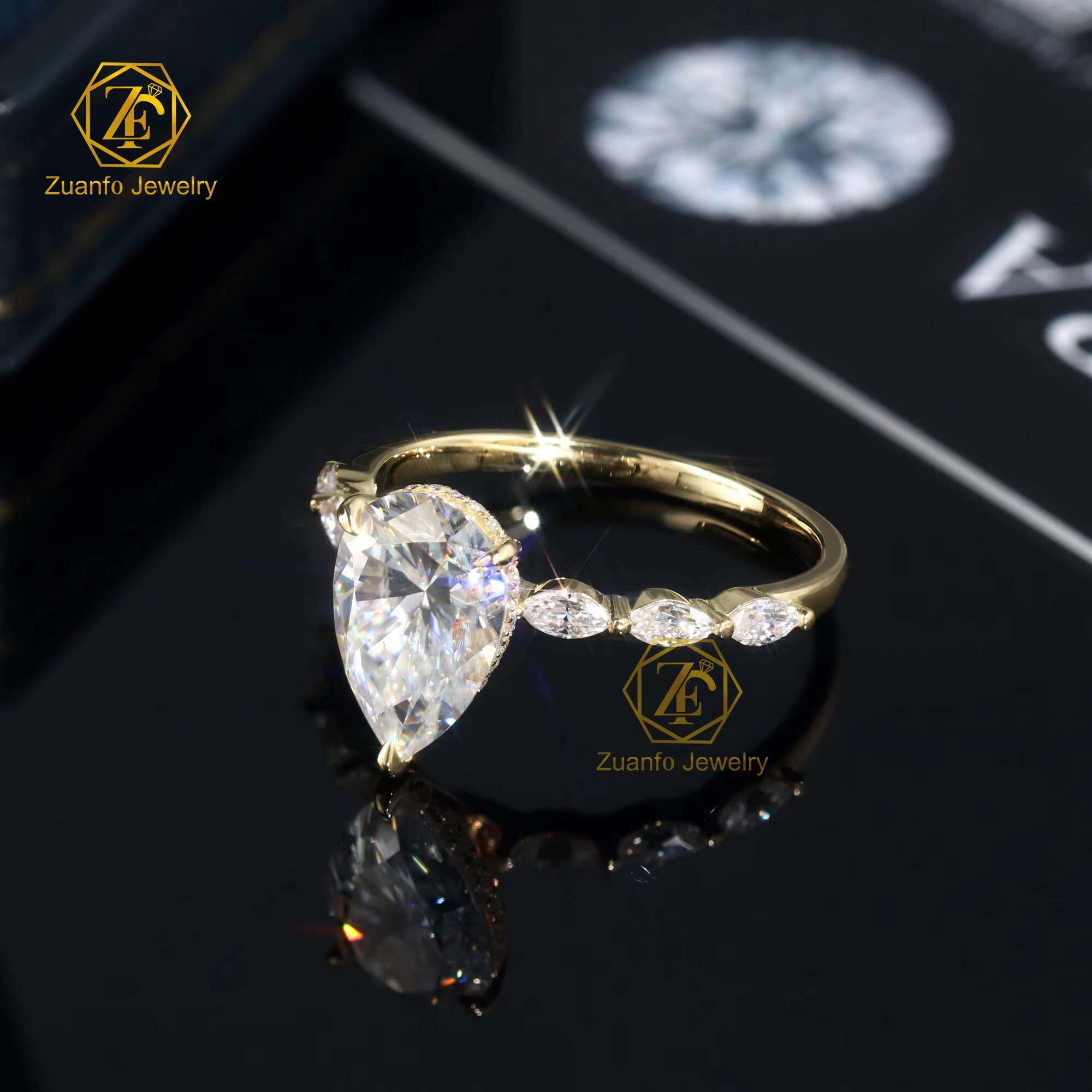 Wholesale 10K 14K 18K Solid Gold Vvs Moissanite Engagement Rings Women 925 Silver Diamond Pear Cut Gold Ring
