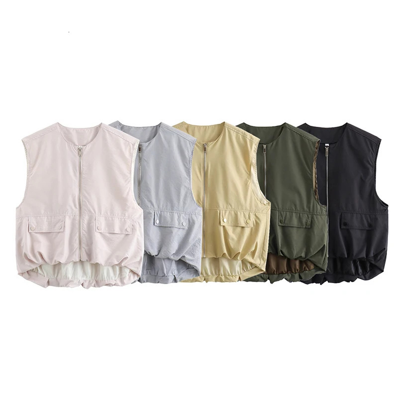 Willshela Womens Fashion Pocket Fold Front Zipper Tank Top Sleeveless Jacket Retro Oneck 250430Z