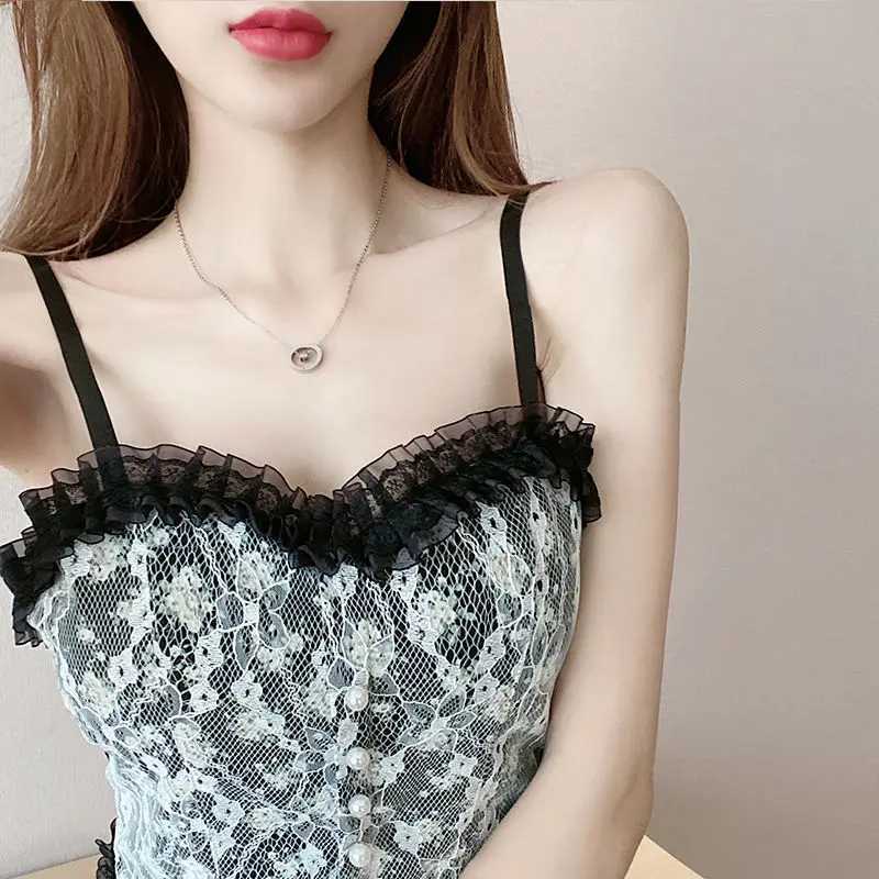 Summer Print Lace Crop Tops Womens Cropped Aesthetic Vest Y2K Corset Tank Top Camisole Vintage Tanks Camis Fashion StreetwearXJ250508