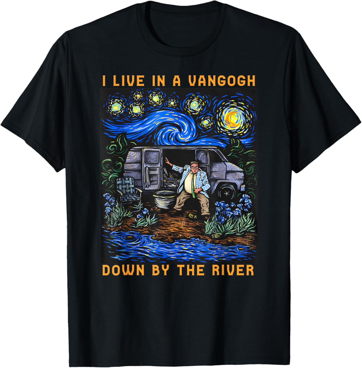 I Live In A Van Gogh Down Black Cotton 100% Classic Fit Crew Collar Short Sleeve Unisex Adults Small T Shirt
