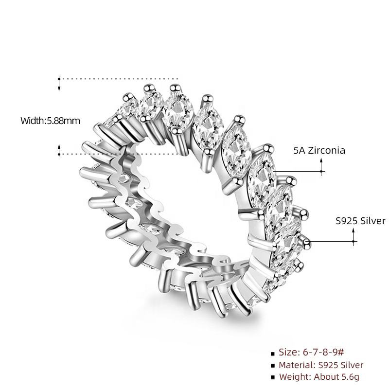 Marquise Zirconia Shaped Diamond Ring, 925 Sterling Silver Ring, Women's Closed Band Ring, European and American Style Fashion Wholesale