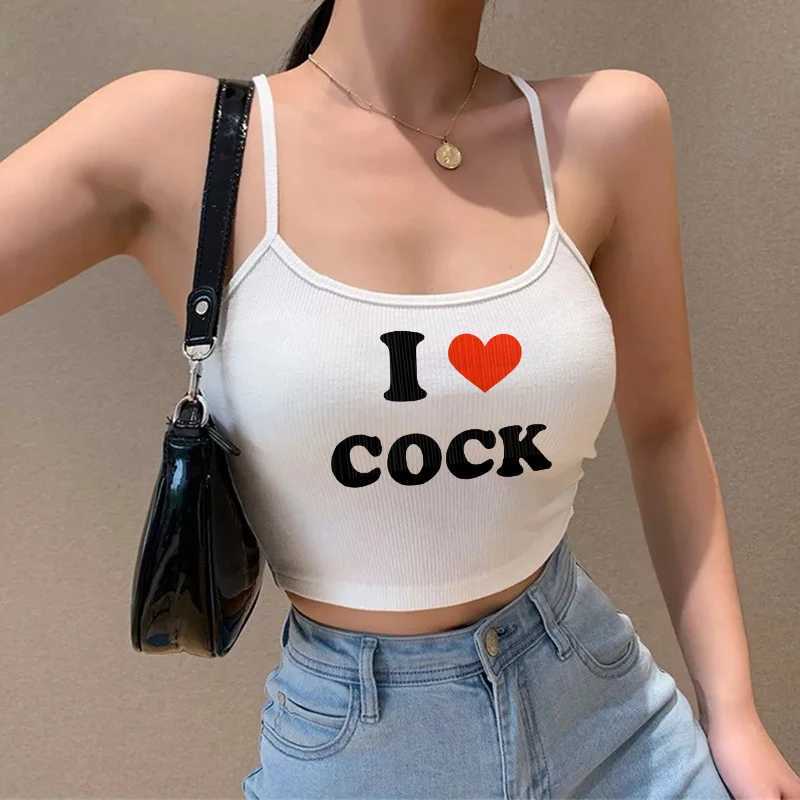 Sexy I Love Cock Letter Print Graphic Y2k Sleeveless Crop Top Street Clothing Summer Fitness Sports Tank Top White Korean Tank TopXJ250508