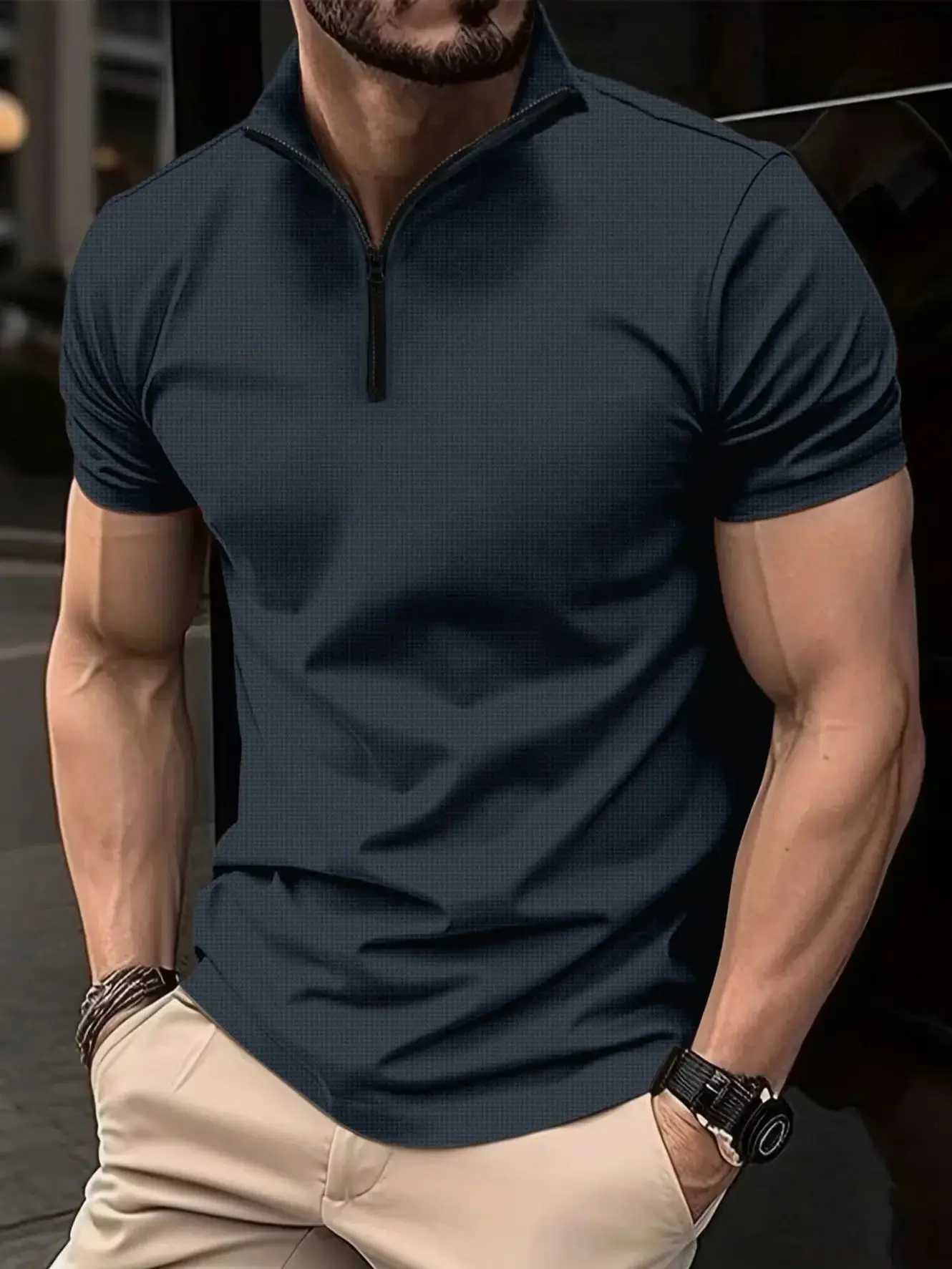 Summer Mens POLO Shirt Zipper Henley Collar Short-Sleeved T-Shirt Shirt Casual Sports solid Color Stand Collar Trend T-Shirt Z250509-1