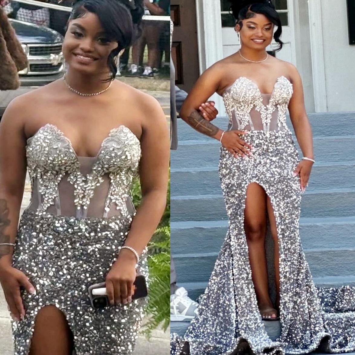 Silver Mermaid Plus Size Prom Dresses 2025 Crystals Sequined High Split Evening Formal Party Second Birthday Engagement Gowns Dress For Special Occasi
