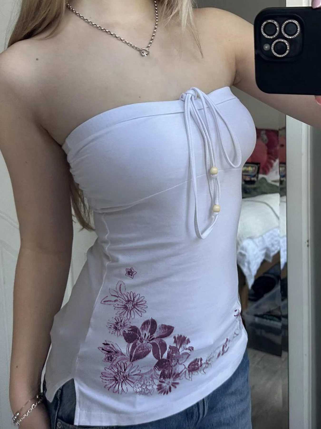 Cuteandpsycho sexy bow sleeveless solid Camisol print white summer chic retro strapless top tight womens dressXJ250508