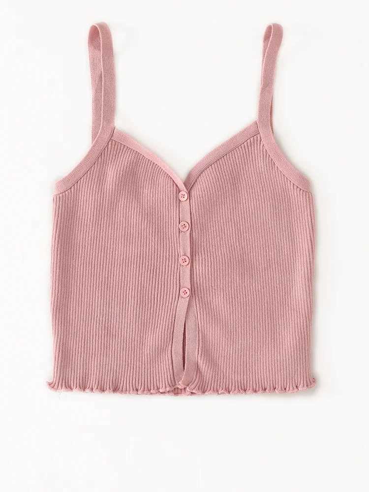 Button Front Cami Tops Lettuce Hem Strappy Ribbed Knit Camisole Women Teengirl Crop Tops 2024 Summer Basic OutfitXJ250508