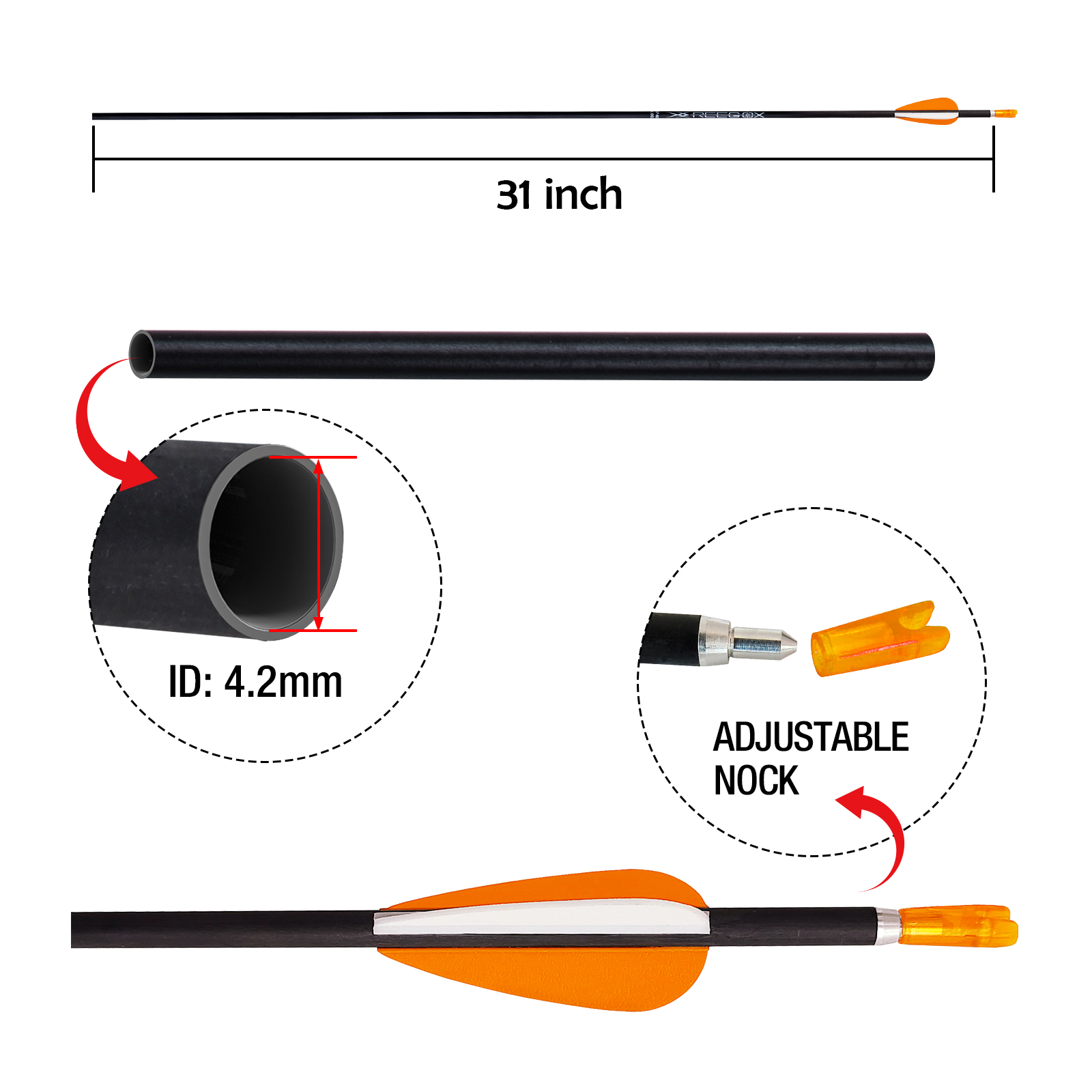 Archery Targeting Arrows without Arrow Heads Spine350-1500 31inch 4.2mm Hunting Arrows Carbon Practice Arrows for Recurve Bow & Compound Bow Orange (1