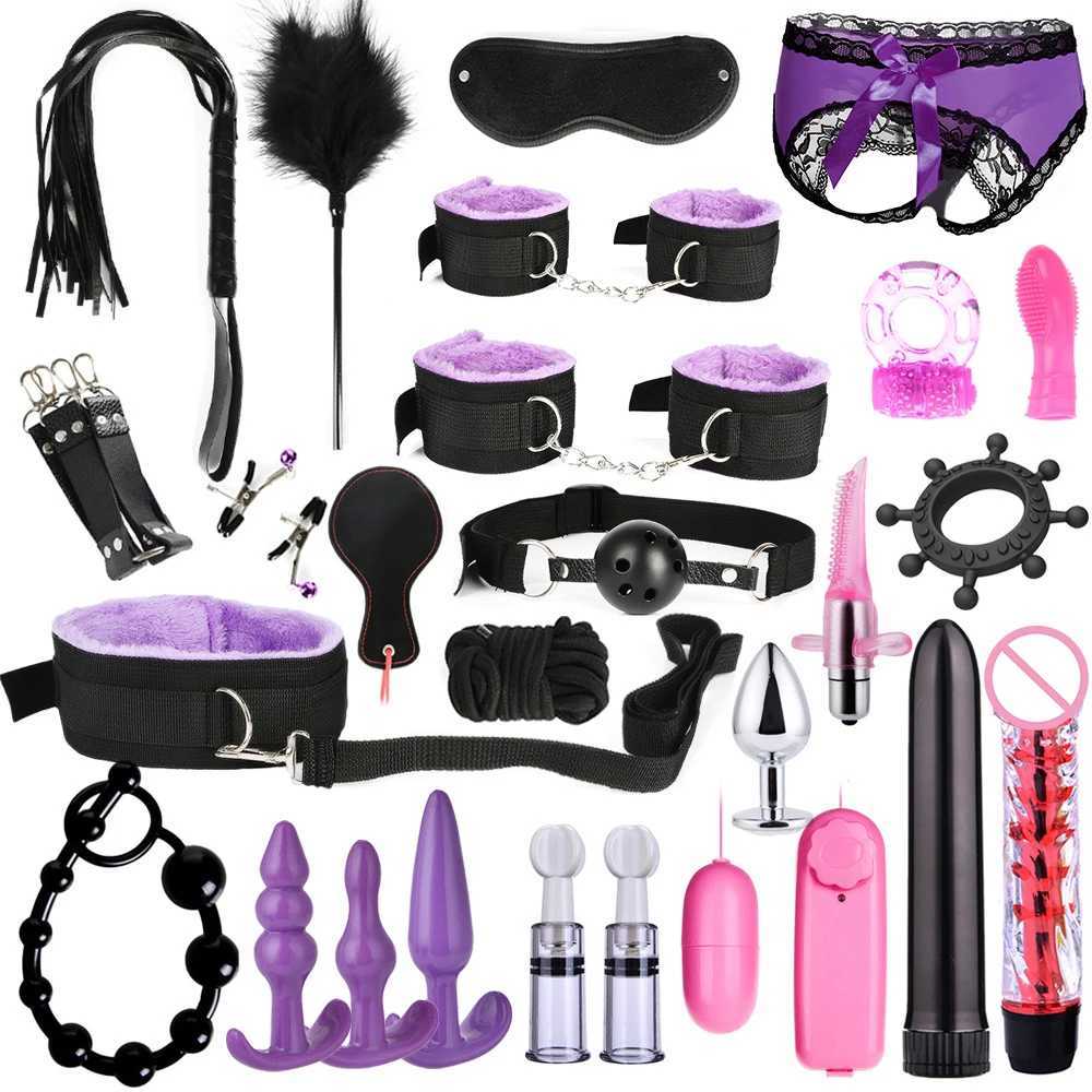Sextoy Bdsm Kit Set Vibrator Handcuff Neck Sex Toy Adult Couple Whip Anal Buttplug for Women Men Intimate Sexual Game Bondage W250509