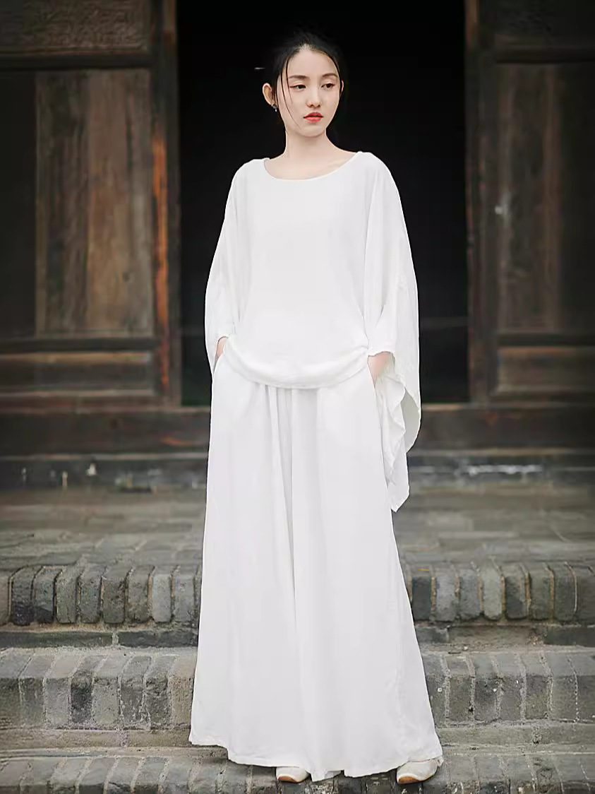 MM220 Retro women's clothing Zen sand-washed linen top wide-leg pants literary and cool style