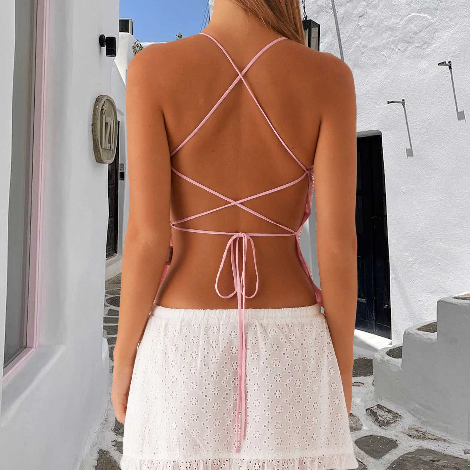 Womens Camisole Sleeveless Tank Tops Sexy Summer Female V-neck Backless Tank Top Ladies Flower Vest Party Club StreetwearXJ250508